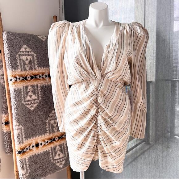 Ronny Kobo Joslyn Beige Striped Linen Blend Ruched Mini Dress Women’s Size XL - Picture 2 of 12